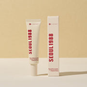 ProtoClinical k-beauty warm beige beauty graphic with a soft peach center and pale blue lower-left accents on a light background.