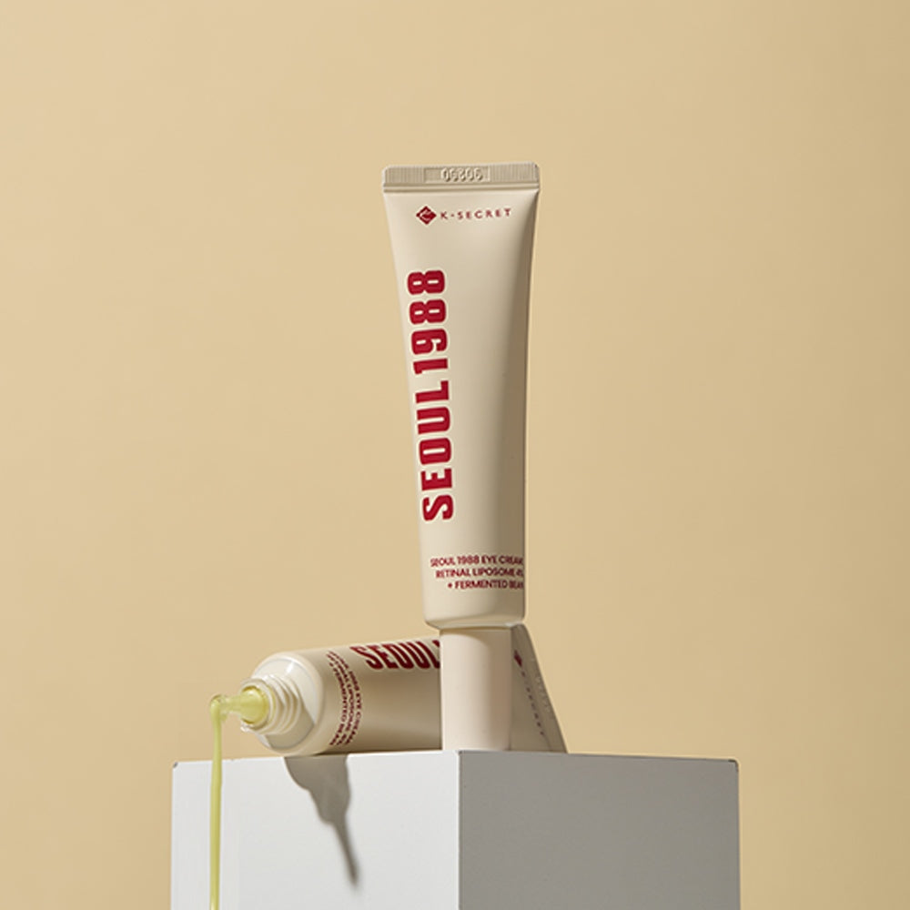 ProtoClinical k-beauty K-SECRET SEOUL 1988 Eye Cream : Retinal Liposome 4% + Fermented Bean 30ml single warm beige rectangular package centered upright with a muted olive center panel on a light background