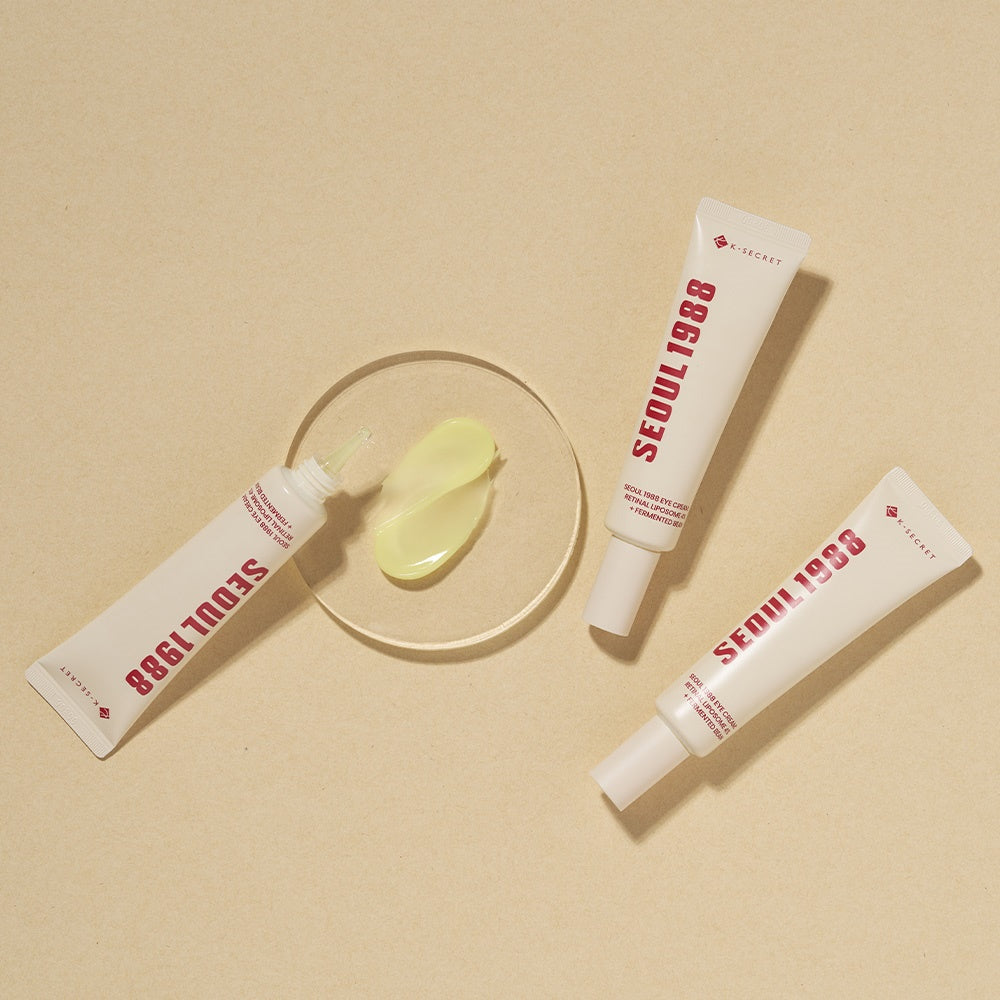 ProtoClinical k-beauty K-SECRET SEOUL 1988 Eye Cream : Retinal Liposome 4% + Fermented Bean 30ml single warm beige rectangular eye cream box centered upright on a light background