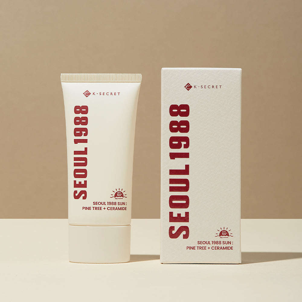 ProtoClinical k-beauty K-SECRET SEOUL 1988 Sun : Pine Tree + Ceramide 50ml product packaging on a beige background.