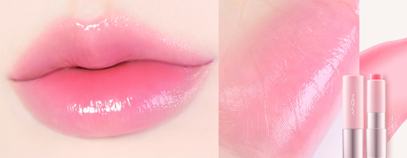 ProtoClinical k-beauty [MACQUEEN New York] Better Than Kiss Lip Balm 3.5g (3-type) close-up collage of glossy pink lips with soft pink balm tubes and a rosy swatch on a pale background