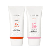 ProtoClinical k-beauty [MACQUEEN New York] Daily Sun Cream SPF50+ PA+++ 1+1 (50g+50g) two sun cream packages centered in a square packshot on a light background