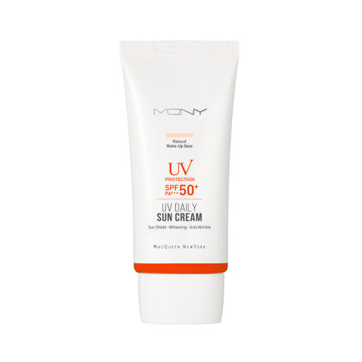 ProtoClinical k-beauty [MACQUEEN New York] Daily Sun Cream SPF50+ PA+++ 1+1 (50g+50g) two sun cream packages centered in a square packshot on a light background