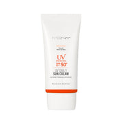 ProtoClinical k-beauty [MACQUEEN New York] Daily Sun Cream SPF50+ PA+++ 1+1 (50g+50g) two sun cream packages centered in a square packshot on a light background