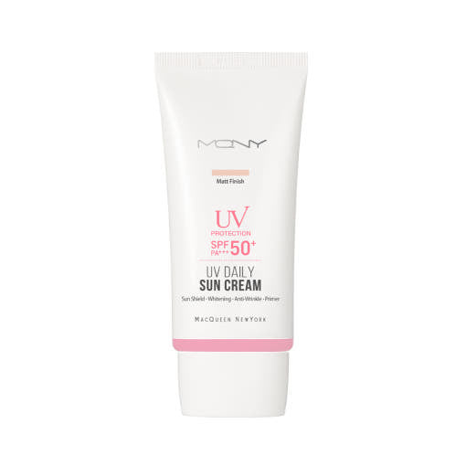 ProtoClinical k-beauty [MACQUEEN New York] Daily Sun Cream SPF50+ PA+++ 1+1 (50g+50g) two sun cream packages centered in a square packshot on a light background