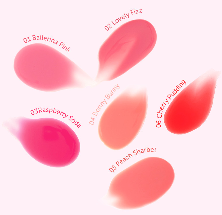 ProtoClinical k-beauty [MACQUEEN New York] Dewy Over Lip Gloss (6 Colors) six lip gloss shades shown as glossy pink, coral, and berry swatches in a rectangular chart on a light background