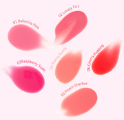 ProtoClinical k-beauty [MACQUEEN New York] Dewy Over Lip Gloss (6 Colors) six lip gloss shades shown as glossy pink, coral, and berry swatches in a rectangular chart on a light background