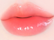 ProtoClinical k-beauty [MACQUEEN New York] Dewy Water Glow Lip Tint 3.5g (9 Color) single bright coral lip tint swatch in a rounded teardrop shape on a pale blue and mint background
