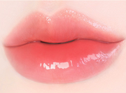 ProtoClinical k-beauty [MACQUEEN New York] Dewy Water Glow Lip Tint 3.5g (9 Color) single rose-coral lip tint swatch in a rounded teardrop shape on a pale blue and mint background