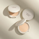 ProtoClinical k-beauty [MACQUEEN New York] Micro Fit Cover Powder 9g single round powder compact centered on a warm beige and cream background.