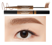ProtoClinical k-beauty [MACQUEEN New York] My Colouring Dual Eyebrow Pencil & Browcara #Light Brown two slim eyebrow items side by side on a warm beige background with soft taupe and brown tones