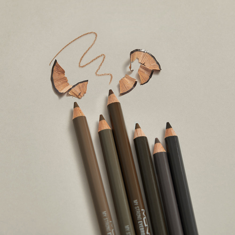 ProtoClinical k-beauty [MACQUEEN New York] My Strong Eye Brow Pencil-Hard Powder 1.2g (3color) single dark eyebrow pencil centered upright on a warm beige background