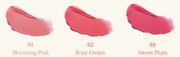 ProtoClinical k-beauty [MACQUEEN New York] Powder Blur Tint 4g (6color) three side-by-side rosy pink lip tint swatches on a white background with pale mint accents