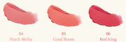 ProtoClinical k-beauty [MACQUEEN New York] Powder Blur Tint 4g (6color) three side-by-side coral and mauve lip tint swatches on a white background with pale mint accents