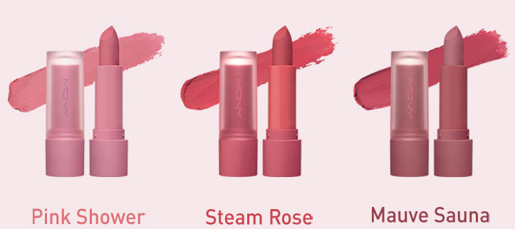ProtoClinical k-beauty [MACQUEEN New York] Powder Matte Lipstick 3.5g (5color) multiple lipstick tubes side by side in pink and rose tones on a white background