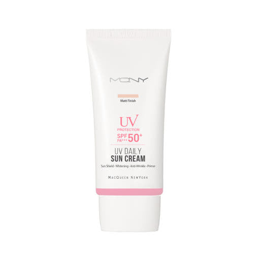 ProtoClinical k-beauty [MACQUEEN New York] UV Daily Sun Cream Travel Kit SPF50+ PA+++ (Base 30ml+Matt 30ml) light blue skincare product set on a white background