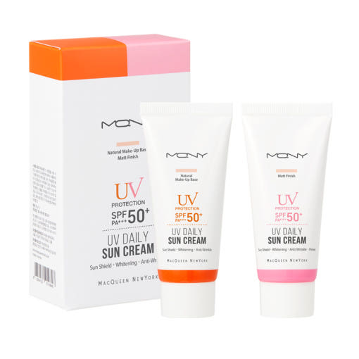 ProtoClinical k-beauty [MACQUEEN New York] UV Daily Sun Cream Travel Kit SPF50+ PA+++ (Base 30ml+Matt 30ml) light blue skincare product set on a white background