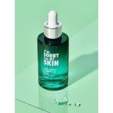 ProtoClinical k-beauty [I'm Sorry For My Skin] Relaxing Ampoule 30ml teal glass dropper bottle standing upright on a mint green reflective surface with visible water droplets