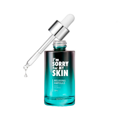 ProtoClinical k-beauty [I'm Sorry For My Skin] Relaxing Ampoule 30ml in a tall teal upright silhouette centered on a pale pink background