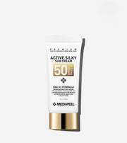 ProtoClinical k-beauty MEDIPEEL Active Silky Sun Cream SPF50+ PA+++ 50ml single upright slim light gray sun cream container on a white background