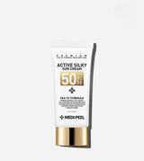 ProtoClinical k-beauty MEDIPEEL Active Silky Sun Cream SPF50+ PA+++ 50ml single upright slim light gray sun cream container on a white background