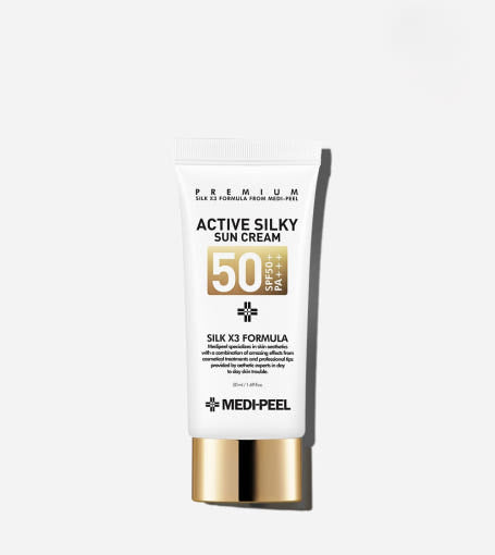 ProtoClinical k-beauty MEDIPEEL Active Silky Sun Cream SPF50+ PA+++ 50ml single upright slim light gray sun cream container on a white background