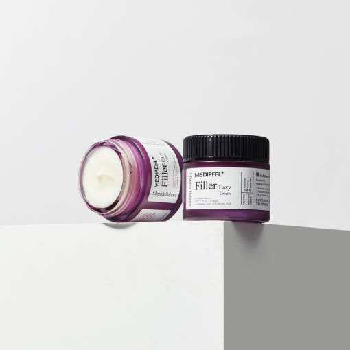 ProtoClinical k-beauty MEDIPEEL Eazy Filler Cream 50g dark gray product and packaging silhouettes side by side on a light background