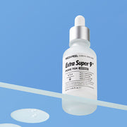 ProtoClinical k-beauty MEDIPEEL Extra Super 9+ Pore Tox Ampoule 30ml light blue product graphic on an aqua background with soft gradient shading