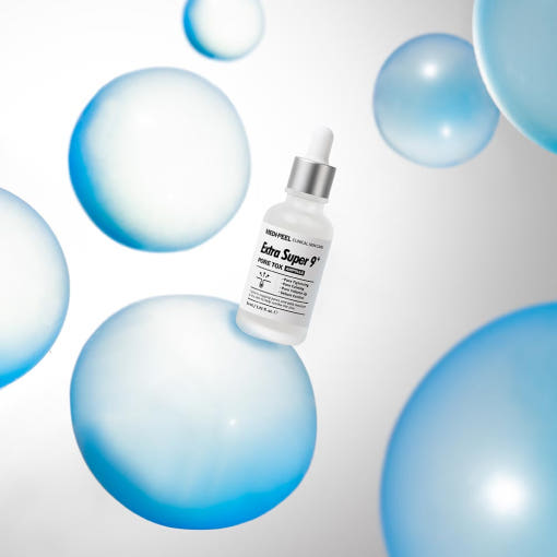 ProtoClinical k-beauty MEDIPEEL Extra Super 9+ Pore Tox Ampoule 30ml pale blue product graphic with vertical light bands and soft blue lower accents