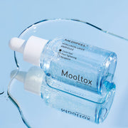 ProtoClinical k-beauty MEDIPEEL Hyaluron Layer Ampoule 30ml clear blue dropper bottle lying on its side with a white cap on a reflective pale blue surface