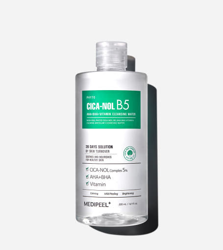 ProtoClinical k-beauty MEDIPEEL PHYTO CICA-NOL B5 AHA BHA Vitamin Calming Micellar Cleansing Water 500ml single upright pale teal cleansing water bottle centered on a pastel pink and blue background.