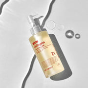 ProtoClinical k-beauty MEDIPEEL Red Lacto Collagen Cleansing Oil 2.0 200ml single upright beige cleansing oil bottle on a light blue and gray background.