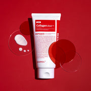 ProtoClinical k-beauty MEDIPEEL Red Lacto Collagen Clear 2.0 300ml single upright pink bottle on a vivid red background.