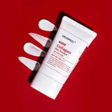 ProtoClinical k-beauty MEDIPEEL Red Lacto Collagen Pore Lifting Sunscreen SPF50+ PA++++ 50g single upright white sunscreen tube on a red background.