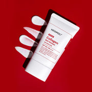 ProtoClinical k-beauty MEDIPEEL Red Lacto Collagen Pore Lifting Sunscreen SPF50+ PA++++ 50g single upright white sunscreen tube on a red background.