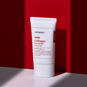 ProtoClinical k-beauty MEDIPEEL Red Lacto Collagen Pore Lifting Sunscreen SPF50+ PA++++ 50g single upright white sunscreen tube on a red background