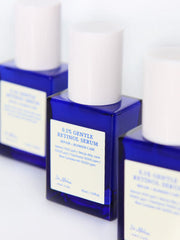ProtoClinical k-beauty Dr.Althea 0.1 Gentle Retinol Serum 30ml close-up of three cobalt blue bottles with white caps arranged in a row on a soft white background