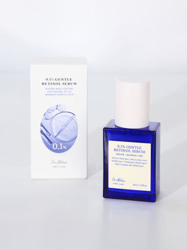 ProtoClinical k-beauty Dr.Althea 0.1 Gentle Retinol Serum 30ml with a cobalt blue bottle and white product box standing side by side on a pale white background