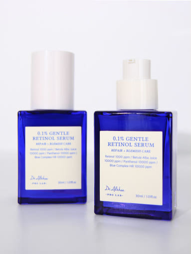 ProtoClinical k-beauty Dr.Althea 0.1 Gentle Retinol Serum 30ml with two cobalt blue bottles side by side, one capped and one open with a white pump on a light background