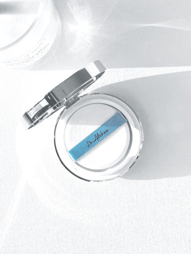 ProtoClinical k-beauty pale gray beauty graphic with a centered horizontal form on a light background.