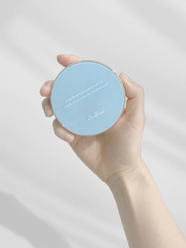 ProtoClinical k-beauty teal and gray beauty graphic with a centered vertical form and soft peach side shading on a light background.