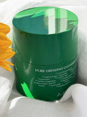 ProtoClinical k-beauty deep green beauty graphic with a centered vertical glow on a soft peach background.