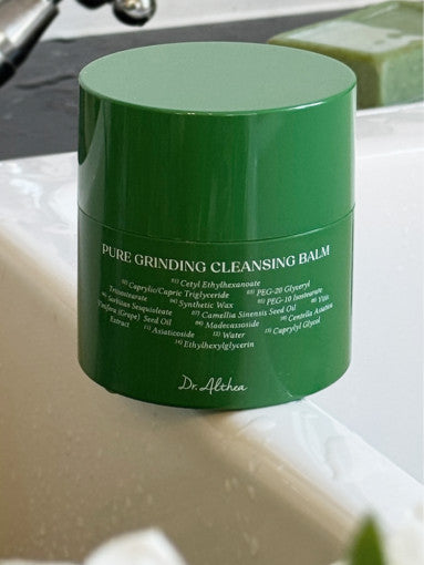 ProtoClinical k-beauty deep green beauty graphic with a centered vertical form and soft peach shading on a pale background.
