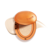 ProtoClinical k-beauty TIRTIR Mask Fit AI Filter Cushion SPF50+ PA++++ 18g (15shades) square detail graphic with pale cream background, peach vertical shading, and dark black side panel
