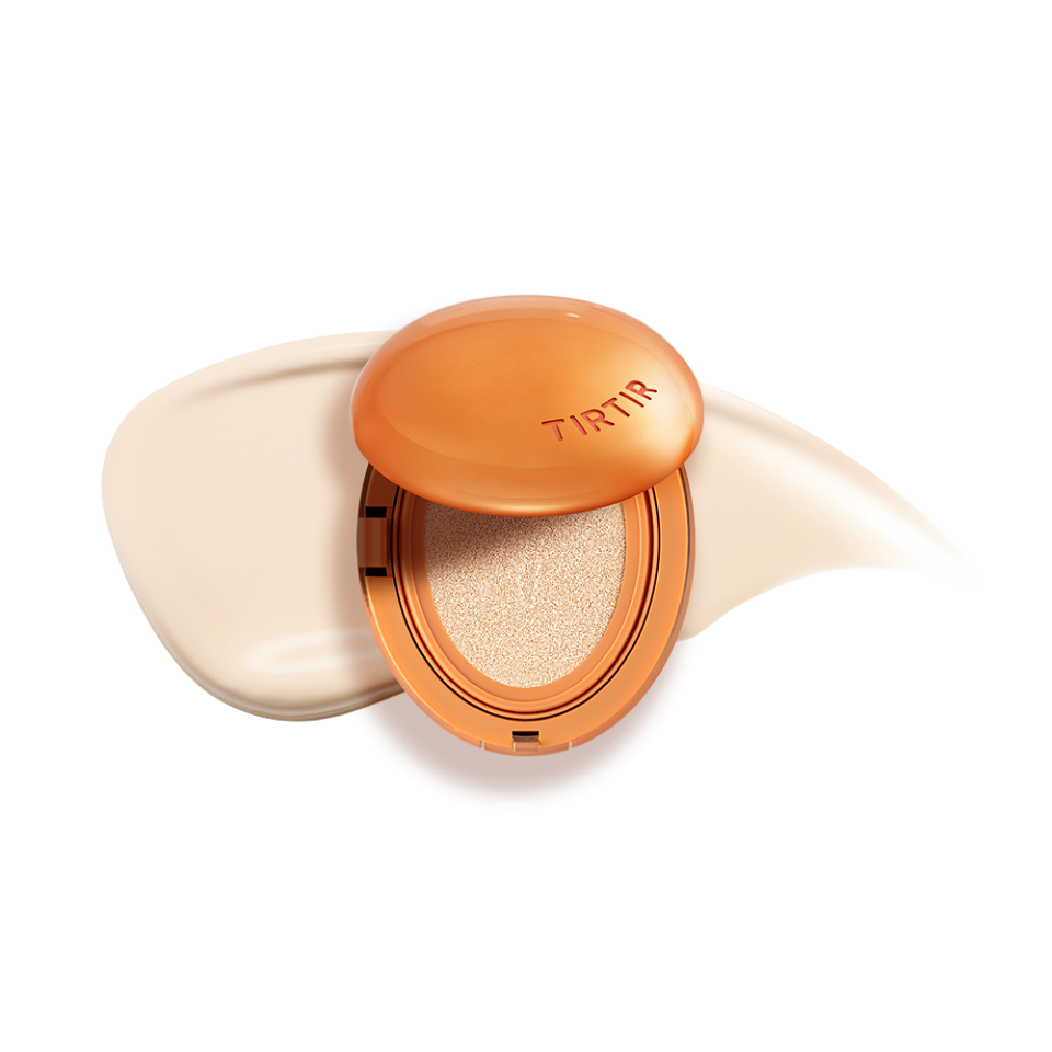 ProtoClinical k-beauty TIRTIR Mask Fit AI Filter Cushion SPF50+ PA++++ 18g (15shades) square detail graphic with pale cream background, peach vertical shading, and dark black side panel