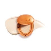 ProtoClinical k-beauty TIRTIR Mask Fit AI Filter Cushion SPF50+ PA++++ 18g (15shades) square detail graphic with pale cream background, peach vertical shading, and dark black side panel