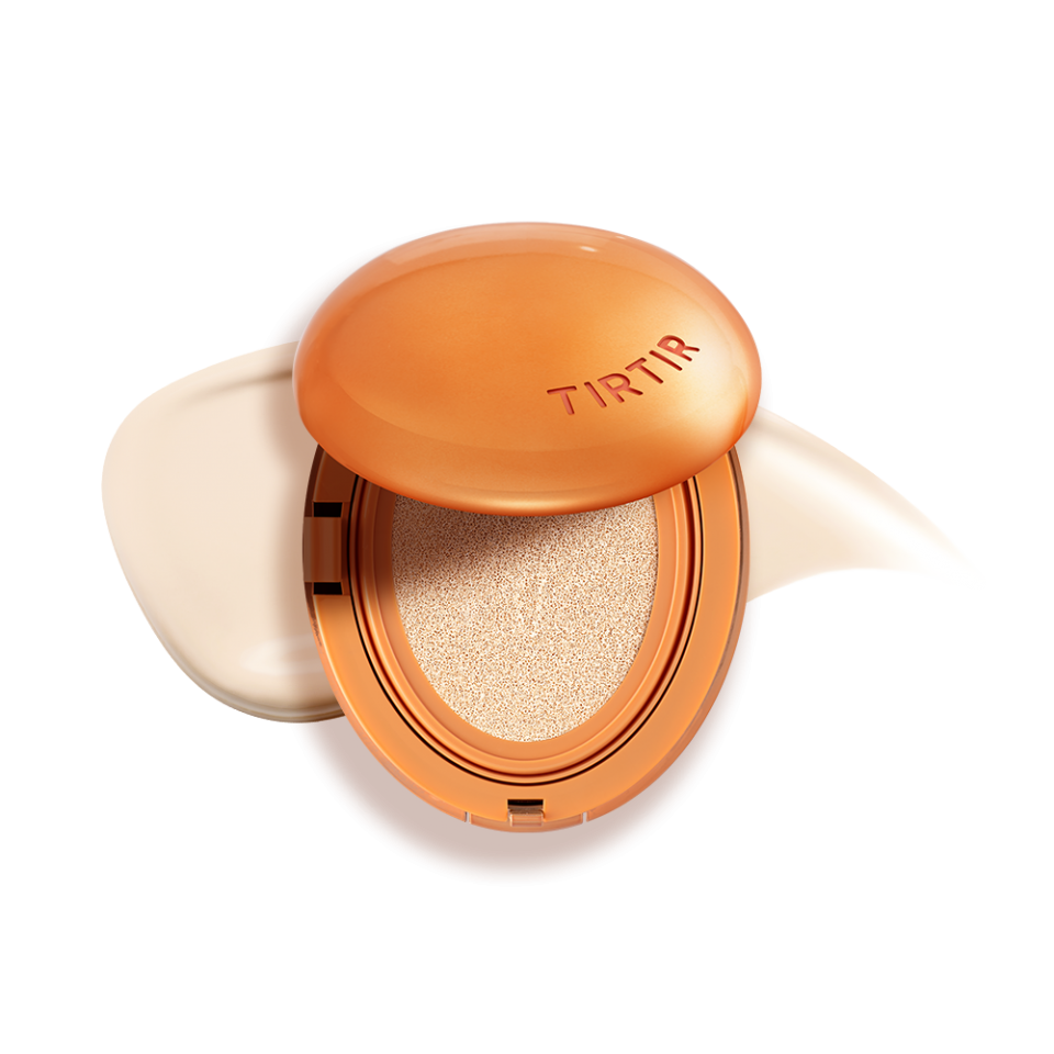 ProtoClinical k-beauty TIRTIR Mask Fit AI Filter Cushion SPF50+ PA++++ 4.5g #MINI (15shades) square detail graphic with pale cream background, peach vertical shading, and dark black side panel