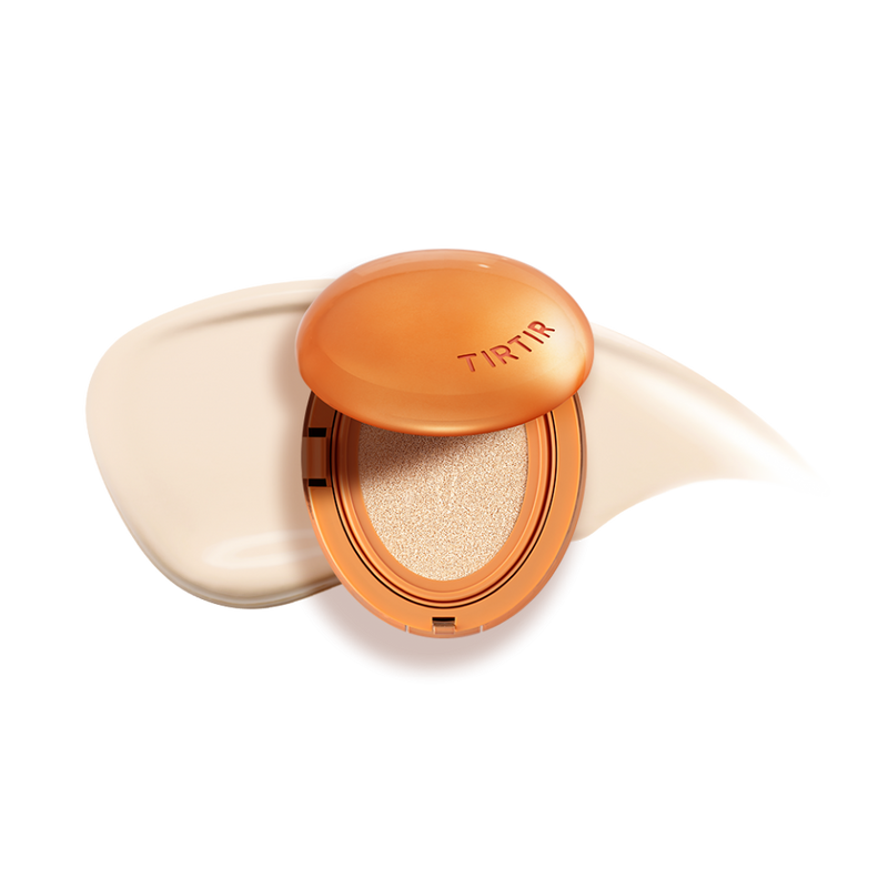 ProtoClinical k-beauty TIRTIR Mask Fit AI Filter Cushion SPF50+ PA++++ 4.5g #MINI (15shades) square detail graphic with pale cream background, peach vertical shading, and dark black side panel