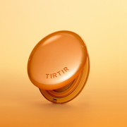 ProtoClinical k-beauty TIRTIR Mask Fit AI Filter Cushion SPF50+ PA++++ 4.5g #MINI (15shades) vertical detail graphic with warm yellow-beige panel, orange shading, and dark black side field