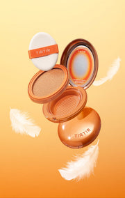 ProtoClinical k-beauty TIRTIR Mask Fit AI Filter Cushion SPF50+ PA++++ 4.5g #MINI (15shades) tall detail graphic with pale yellow left glow, orange center shading, and dark black right panel